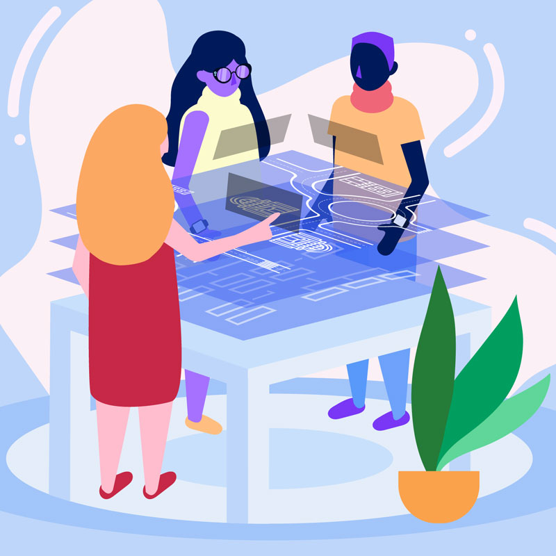 Illustration of people collaborating on an interactive display table with layered displays